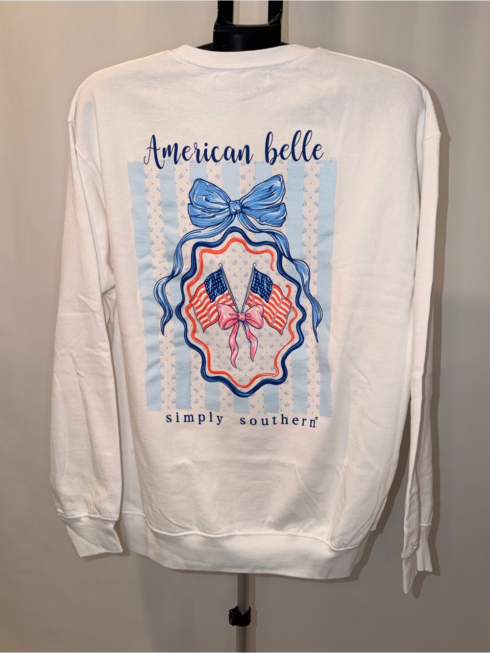 Simply Southern White Sweatshirt with Blue and Pink Patriotic American Belle M-L - Picture 2 of 6